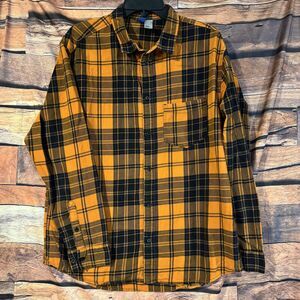 H&M Divided Men's Size L Orange Black Plaid Long Sleeve Button Down Flannel